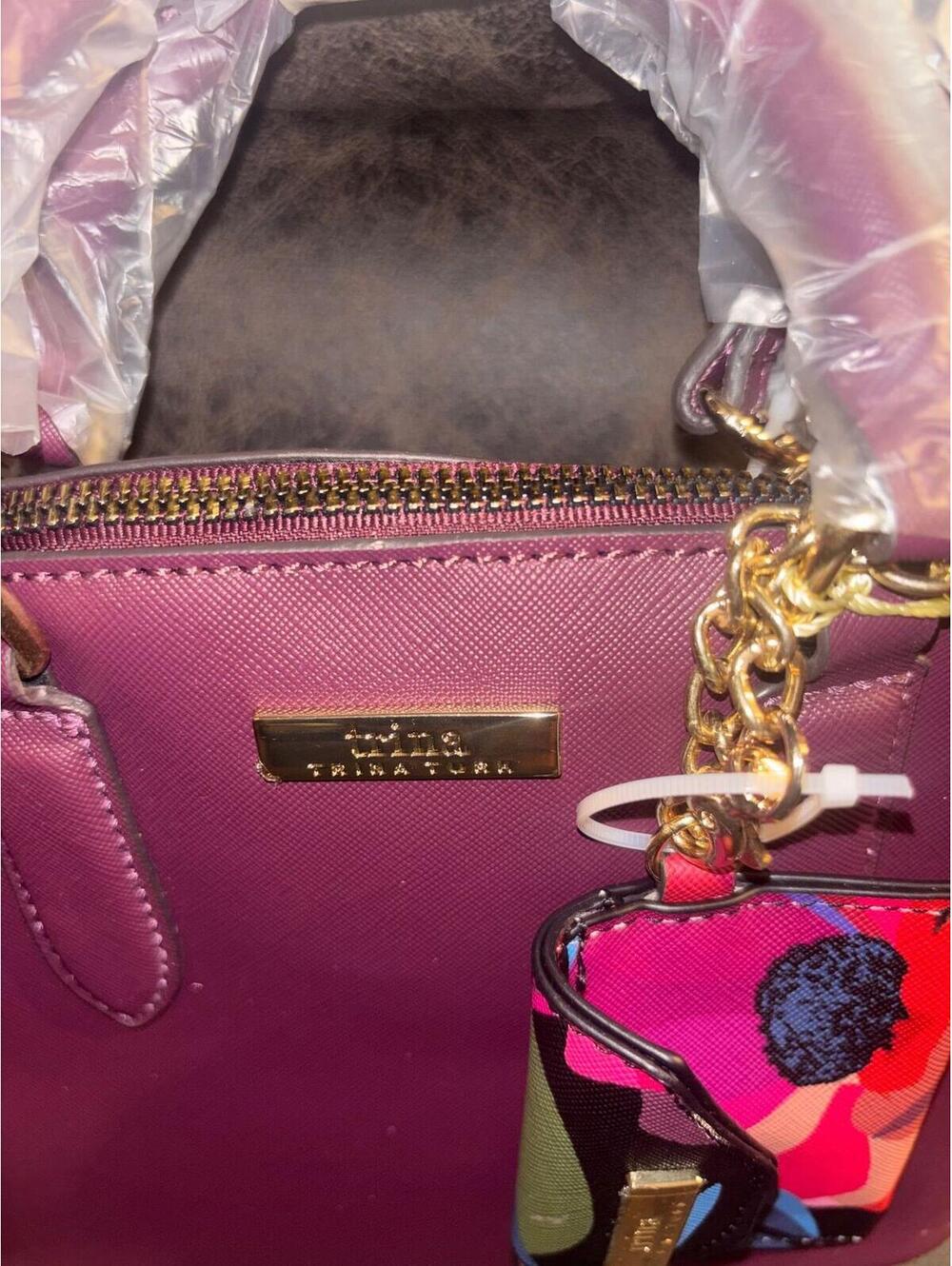 Trina Turk Bordeaux Satchel Purse Charm Keychain NWT Gold Hardware - Picture 2 of 6